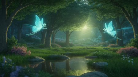 Two luminous fairies with glowing wings fly through an enchanted forest with a serene pond.の素材