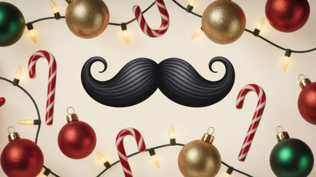 A black moustache is centrally placed amidst a festive arrangement of Christmas ornaments, candy canes, and string lights.の素材