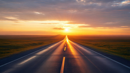 A long, straight asphalt road stretches towards a vibrant sunset on the horizon.の素材