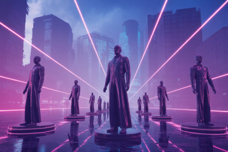 A futuristic city with towering buildings, illuminated by vibrant pink neon lines and reflective surfaces.の素材