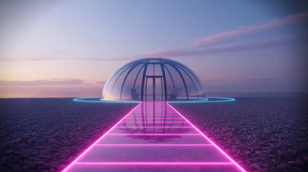 Futuristic Dome Retreat by the Ocean at Sunset with Neon Pathwayの素材