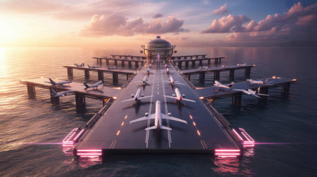 Futuristic Floating Airport with Airplanes on Water at Sunsetの素材