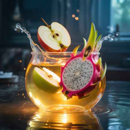 Fresh Fruit Splash in Golden Liquid: Apple & Dragon Fruitの素材