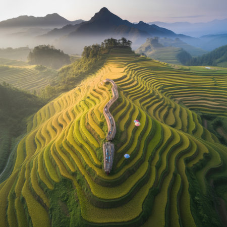 Golden Rice Terraces and Winding Walkway in Misty Mountainsの素材