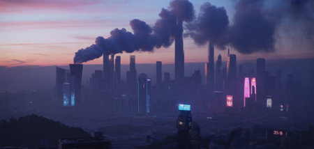 Futuristic Cityscape at Dusk with Industrial Smoke and Neon Lightsの素材