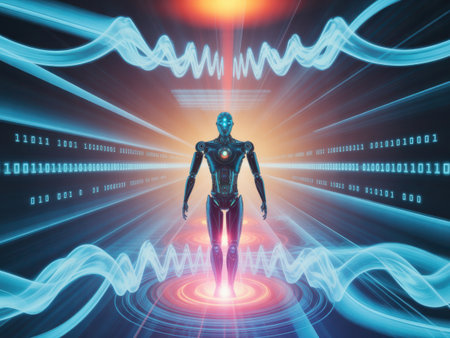 A futuristic robot stands amidst a digital stream of binary code and glowing waveforms.の素材