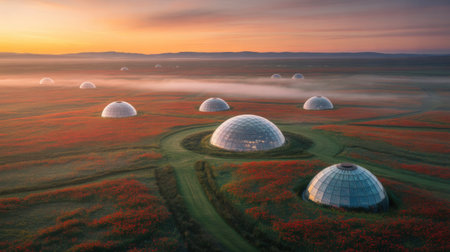 Geodesic Domes in a Poppy Field at Sunrise with Fogの素材