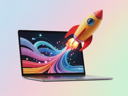 A 3D render of a cartoon rocket launching from a laptop screen, with a colorful digital stream.の素材