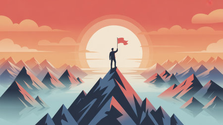 A person stands on a mountain peak holding a flag against a vibrant sunset sky.の素材