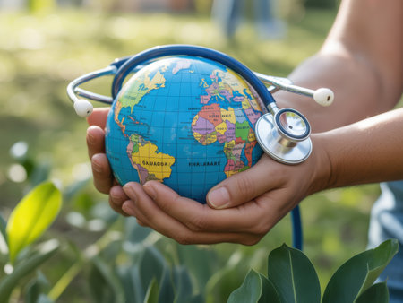 Hands cradle a globe wrapped in a stethoscope, representing global health and medical care.の素材