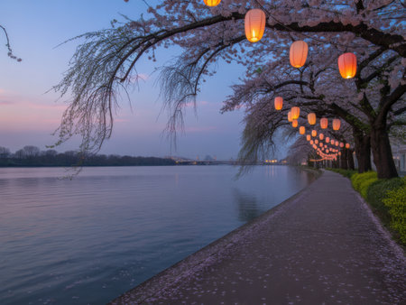 A serene twilight scene of cherry blossoms and illuminated lanterns lining a riverbank pathway.の素材
