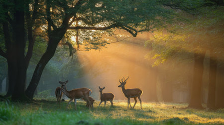 Majestic Deer Herd Grazing in Sun-Dappled Forest at Sunriseの素材