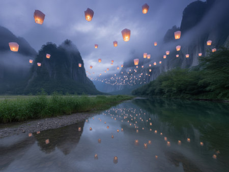 Lanterns Ascend Over Misty Mountains and Reflecting Riverの素材