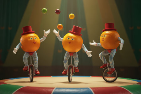 Three Oranges Juggling and Riding Unicycles in a Circusの素材