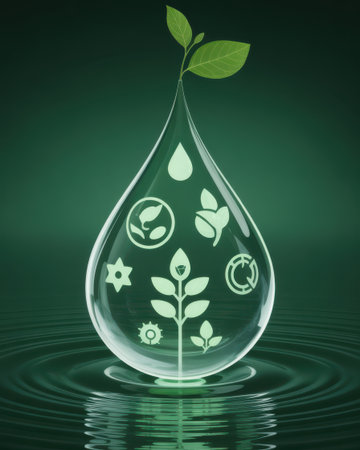 A clear water drop with eco-icons and a plant, symbolizing environmental sustainability and growth.の素材