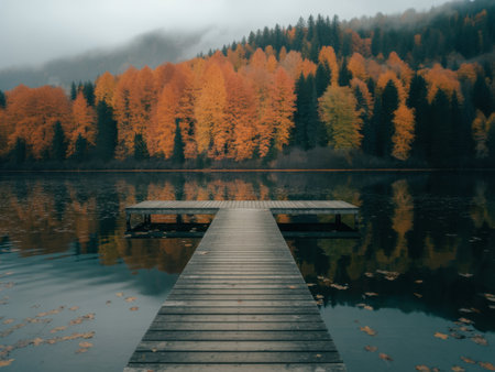 A wooden dock extends into a calm, misty lake with reflections of vibrant autumn trees.の素材