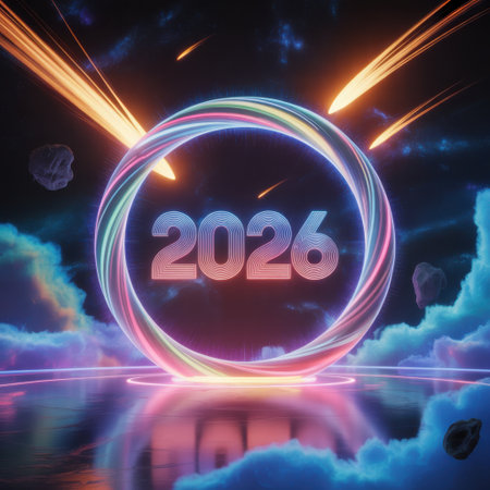 A glowing neon ring displaying the year 2026 hovers over a reflective surface amidst cosmic clouds and meteor showers.の素材