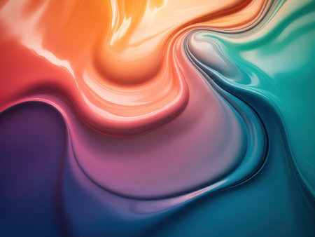 A mesmerizing abstract swirl of vibrant orange, pink, purple, and teal colors with a glossy, fluid texture.の素材