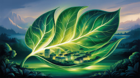 A surreal landscape where a city is cradled within giant, luminous green leaves, set against a backdrop of mountains and water.の素材