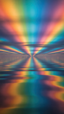 Abstract rainbow colors reflected on a rippling water surface creating a surreal, ethereal, and vibrant visual.の素材