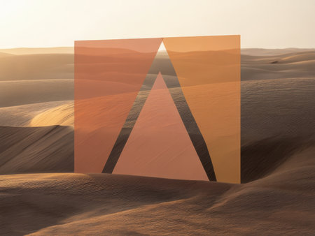 A geometric overlay creates an abstract design on a serene desert landscape at sunset.の素材