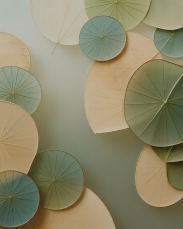 Overlapping circular fan shapes in pale yellow and muted green tones create an abstract, organic pattern against a soft, gradient background.の素材