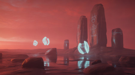 Alien Landscape with Glowing Orbs and Ancient Monolithsの素材