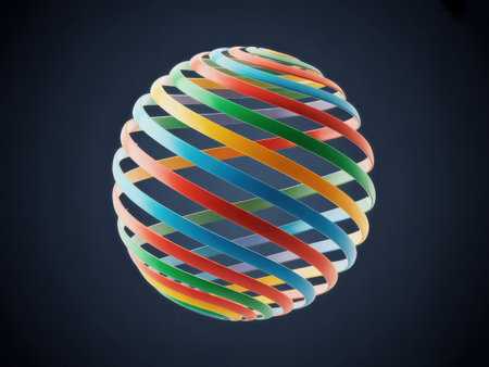 A 3D rendered abstract sphere made of colorful, swirling ribbons against a dark background.の素材