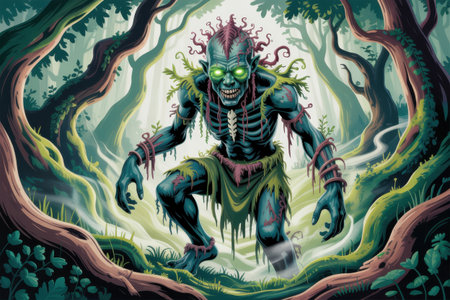 A gaunt, skeletal creature with glowing green eyes and tattered green cloth moves through a dense, mystical forest with gnarled trees and swirling mist.の素材