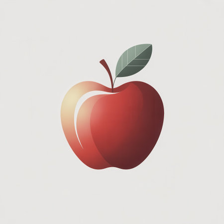 A minimalist illustration of a vibrant red apple with a single green leaf and stem against a plain, light background.の素材