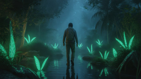 A person with a backpack walks through a dark, misty jungle with plants that glow with an eerie green light.の素材