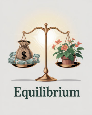 A golden balance scale is depicted with a bag of money on one side and a potted plant with flowers on the other.の素材