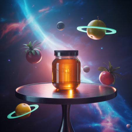 A Jar of Honey Floats in a Cosmic Nebula with Planetary Fruitsの素材