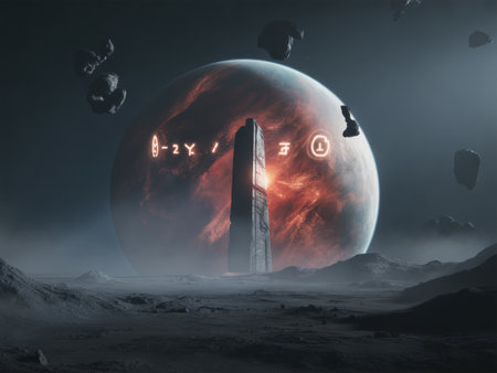 Alien Monolith on a Rocky Planet with a Fiery Nebula Backgroundの素材