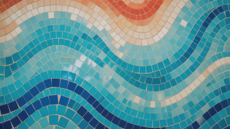 A close-up view of a mosaic wall featuring wavy patterns in shades of blue, white, and coral.の素材