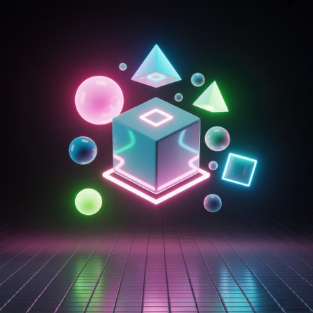 Neon geometric shapes including cubes spheres and pyramids float in a dark space above a reflective grid surface with pink and green lighting.の素材