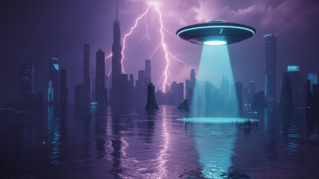 Alien UFO descends on flooded city during lightning storm, futuristic sceneの素材