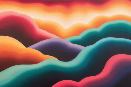 Abstract landscape with rolling hills in vibrant gradient colors of orange, pink, purple, and teal. Wavy forms create a smooth, flowing, and dreamlike visual.の素材