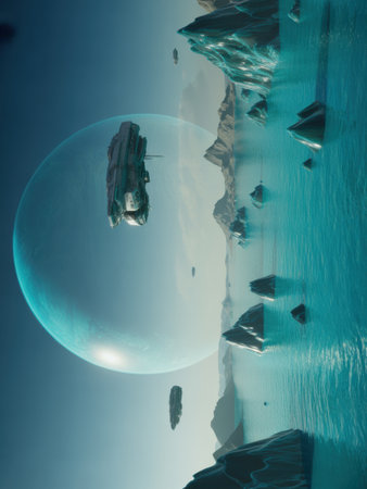 Alien Planet Landscape with Spaceships and Giant Blue Planetの素材