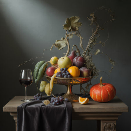 A Rich Still Life of Autumn Harvest Fruits and Wineの素材