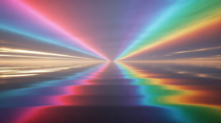 Abstract scene of rainbow colored light beams converging at the horizon, reflecting on a calm water surface under a dusky sky.の素材