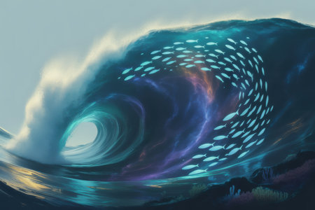 A mesmerizing school of fish swims in formation within a powerful, swirling ocean wave, illuminated by bioluminescent light.の素材