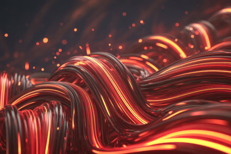 Wavy strands of glowing red and orange light flow across a dark background with scattered bokeh particles.の素材