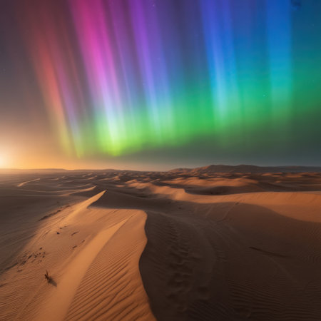 Aurora Borealis Dances Over Desert Dunes at Nightの素材