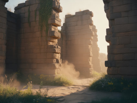 Ancient stone ruins stand weathered and overgrown, bathed in golden sunlight with dust swirling in the air.の素材