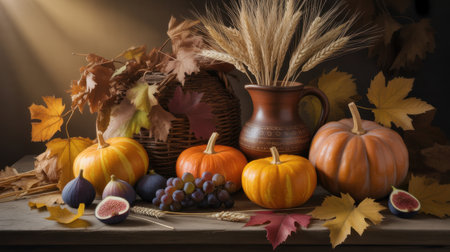 Warm light illuminates a rustic autumn still life featuring orange pumpkins, purple figs, grapes, wheat stalks in a clay jug, and fallen leaves on a wooden surface.の素材