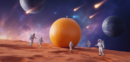 Astronauts Explore a Giant Orange on a Mars-like Planet with Meteorsの素材
