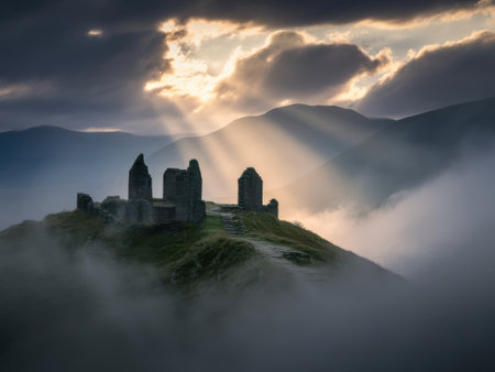 Ancient castle ruins on a misty hilltop with dramatic sunbeams breaking through clouds.の素材