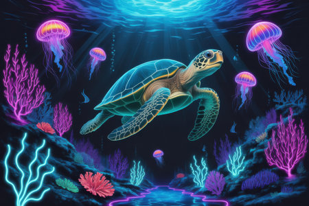 A majestic sea turtle glides through a vibrant, neon-lit underwater world filled with glowing jellyfish and coral.の素材