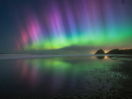 Aurora Borealis Dances Over a Reflective Beach at Nightの素材